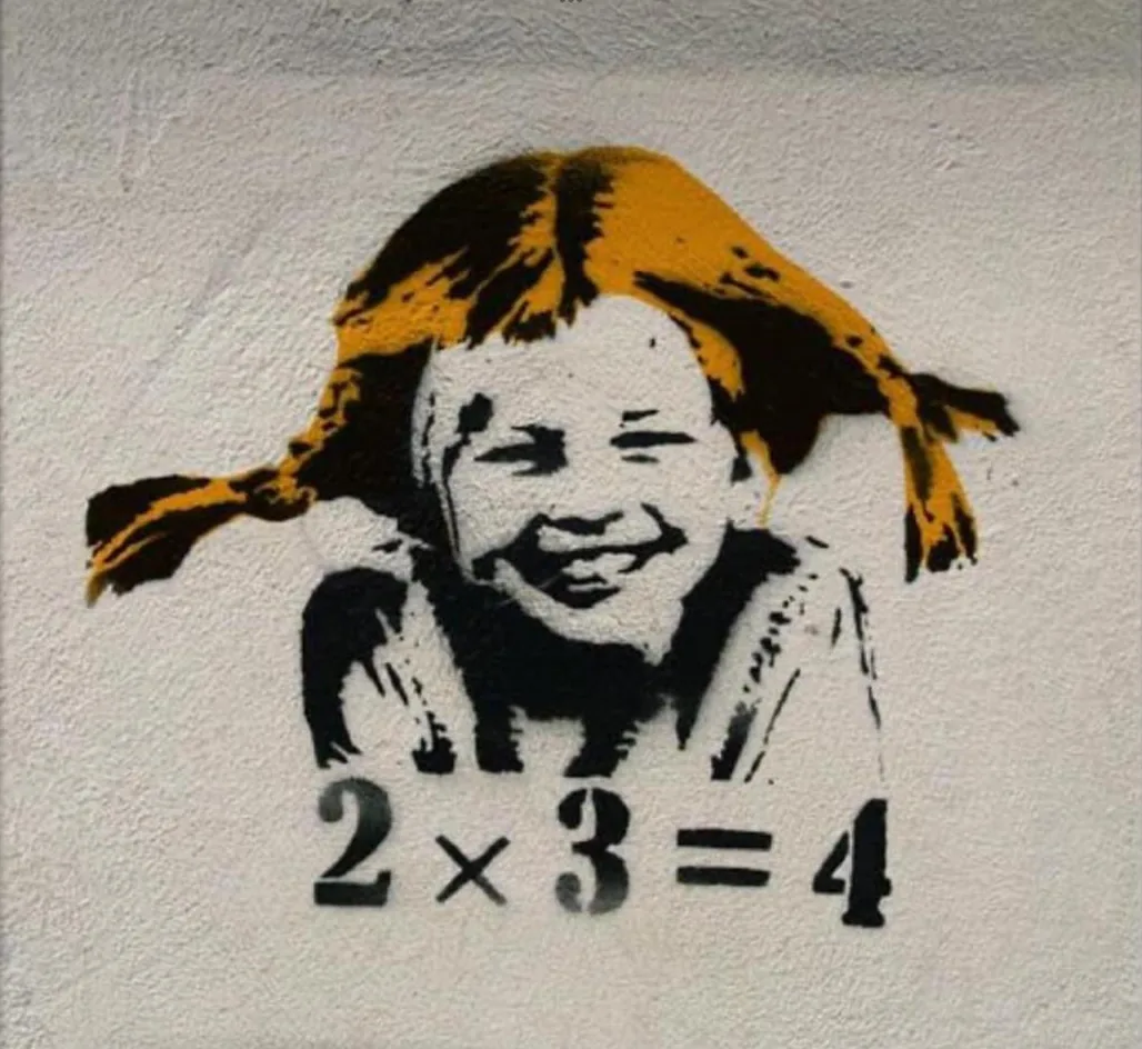 A stencil of a laughing girl with pigtails sprayed on a white wall, the sum 2 × 3 = 4 beneath her