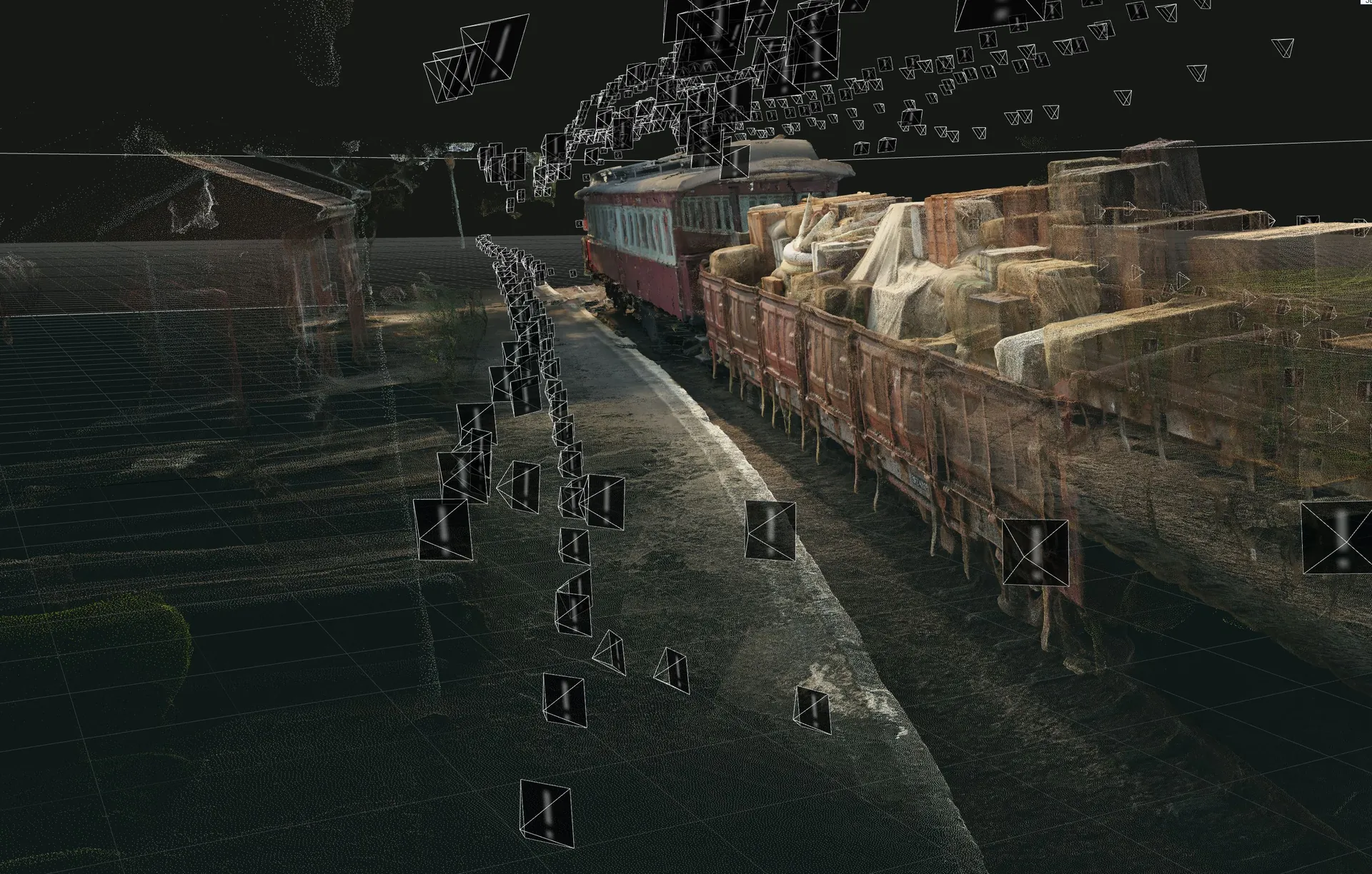 A photogrammetry model of a location, rendered as a 3D mesh