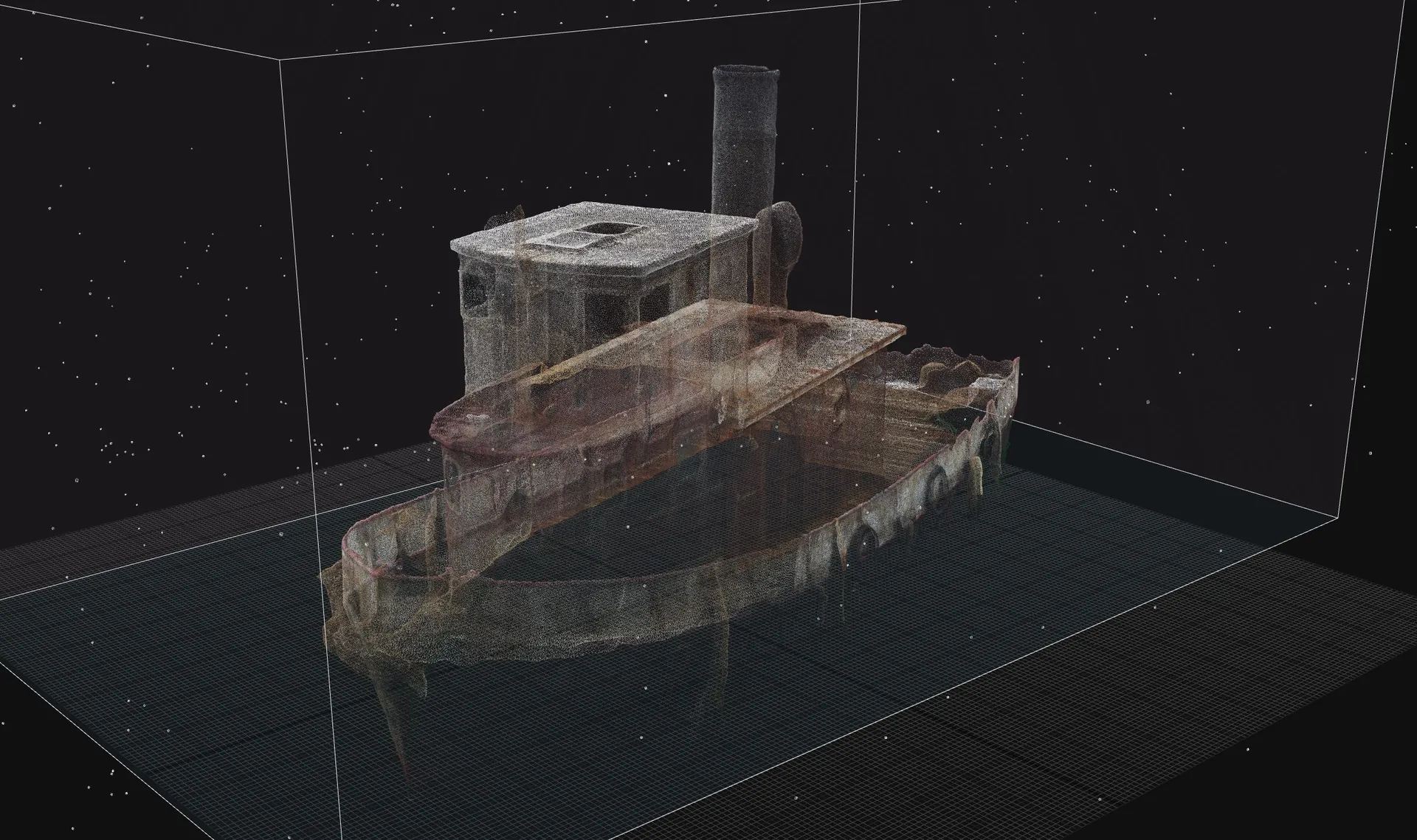 Textured photogrammetry scan of a tugboat inside its bounding box