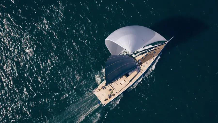 Spinnaker set, seen straight down from the drone